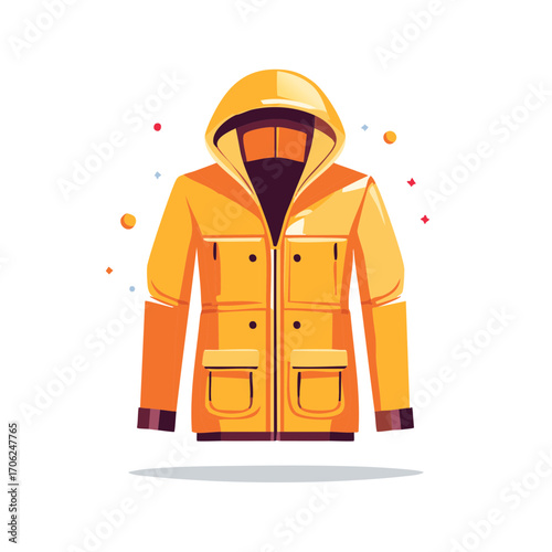 Bright yellow hooded raincoat illustration. Waterproof outdoor gear for rainy autumn weather.
