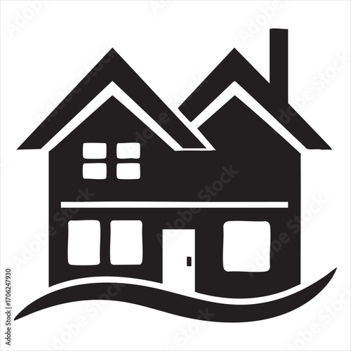 Simple black silhouette of a two-story house with a wavy base symbolizing home and stability