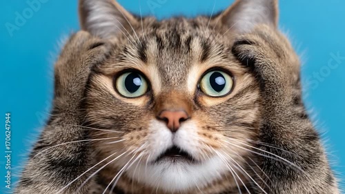 Scared tabby cat with wide eyes and paws on head
