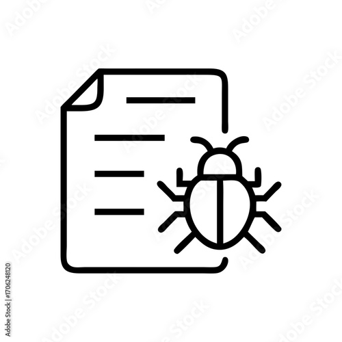 Line icon representing software bug detection and computer virus scanning on a document