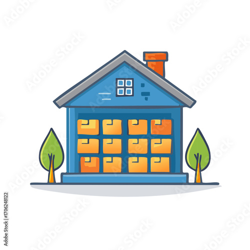 Illustration of warehouse with packages, roof, chimney, trees, square windows and in a blue, yellow and green color palette.
