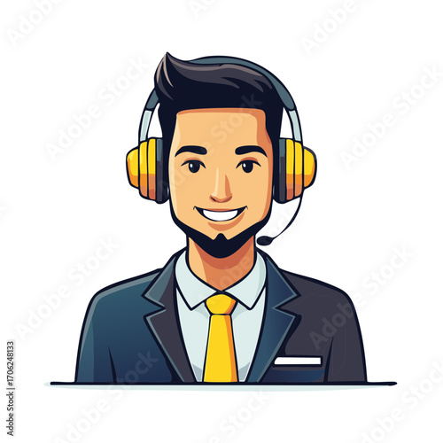 Friendly man with headset and tie smiling, professional avatar illustration