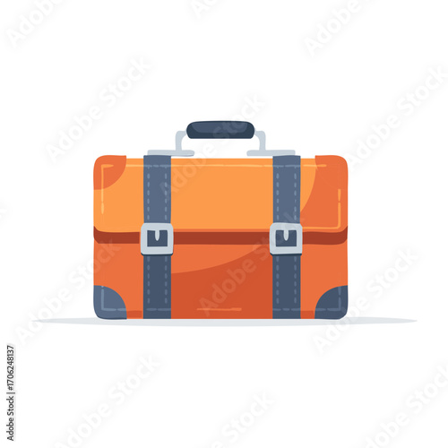 Orange suitcase illustration with handle, straps and fasteners on a white background.