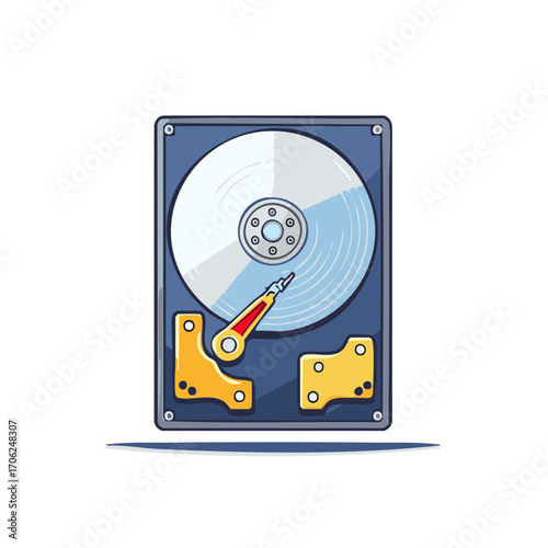 Vector illustration of hard disk drive with visible platter and read write arm technology