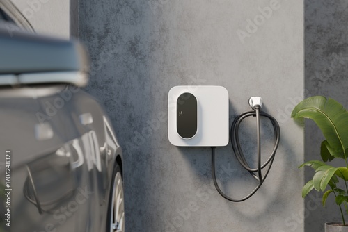 Wall-mounted EV charger on a concrete garage wall with electric car. Tidy cable loop and plant detail. Photorealistic 3D render with copy space for home charging and e-mobility.
