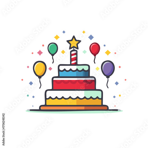 A three-tiered birthday cake with a single candle and decorative balloons and confetti