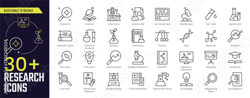 Research Stroke icon collections. Containing Science, Laboratory, Analysis, Data, Experiment and medical research Symbols icons. Editable Stroke icon collection Outline icon