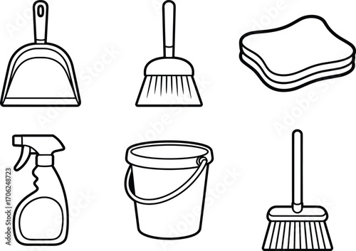 Cleaning Supplies Line Art Dustpan, Broom, Sponge, Spray Bottle, Bucket, Mop