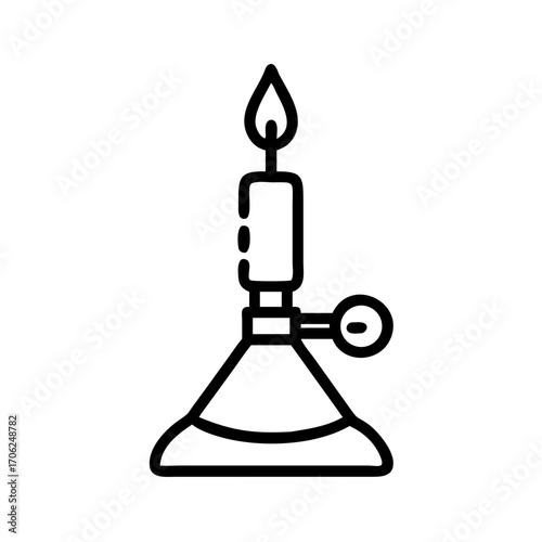 Simple outline icon of a laboratory Bunsen burner with an active flame, representing scientific research and chemistry