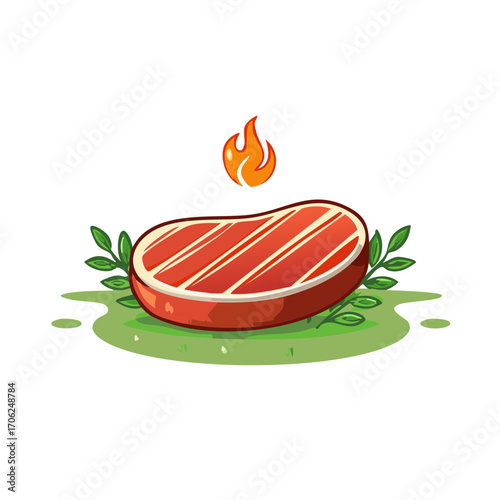 Stylized grilled beef steak with flame and fresh herbs cartoon food illustration for a barbecue menu or logo