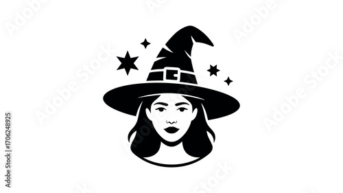 Witch Hat With Woman Face And Stars Silhouette vector illustration