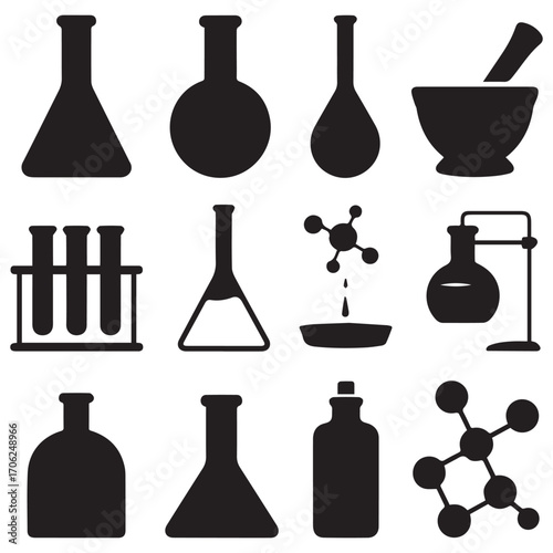 Collection of black silhouette icons representing laboratory glassware and scientific equipment for chemistry and research