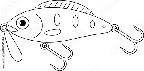 Outline drawing of a fishing lure with hooks and a lip on a white background bait