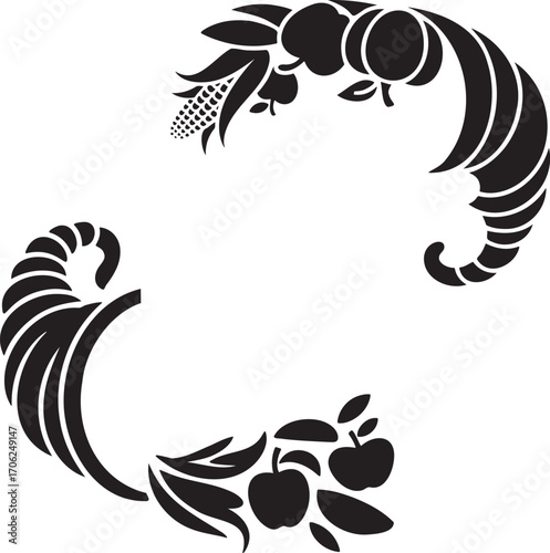 Decorative flourish with cornucopia and apples illustrating autumn harvest and abundance