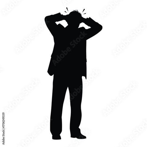 Silhouette of a man in a suit holding his head in despair or frustration silhouette