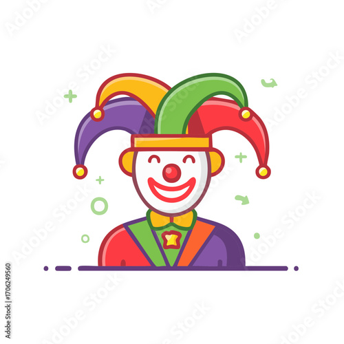 Cartoon Jester Costume with Jester Hat and Red Nose Face