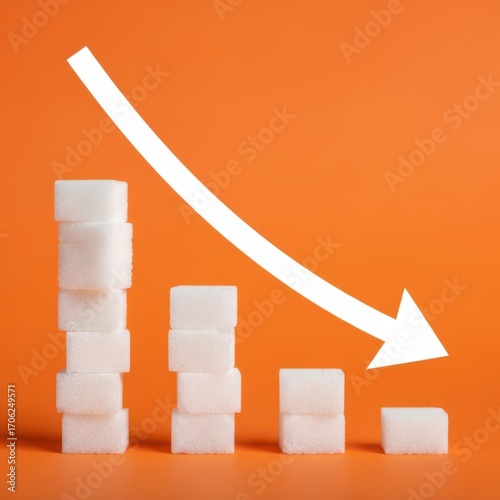 Sugar cubes decreasing in quantity with a downward arrow on an orange background.