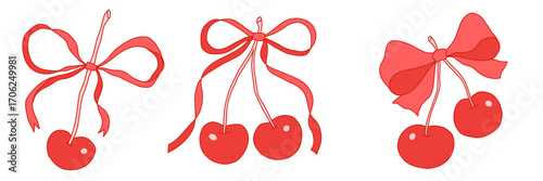 Set of hand drawn ribbon bows with cherries in coquette style. Cute feminine decorative elements for digital design, scrapbooking, planners, invitations, packaging, social media. Vector illustration