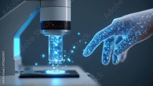 Ai hand microscope glow, digital particle touch, medical lab, blue light, surgery tech, futuristic, diagnosis hope