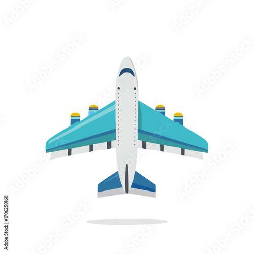 Flying airplane vector illustration of a passenger aircraft in blue and white color