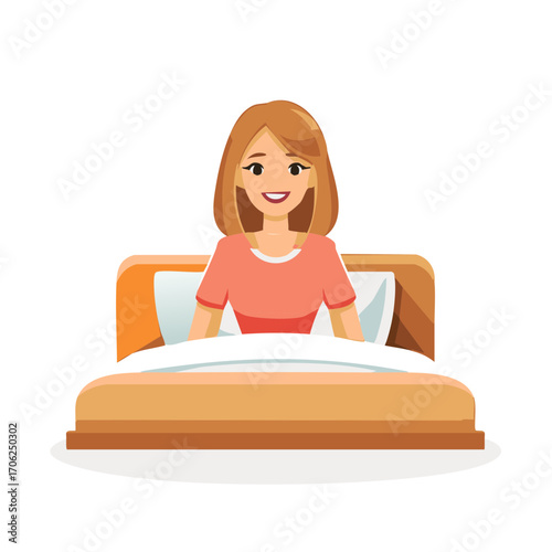 Happy woman relaxing in bed, cheerful morning, lifestyle, waking up in a cozy bedroom