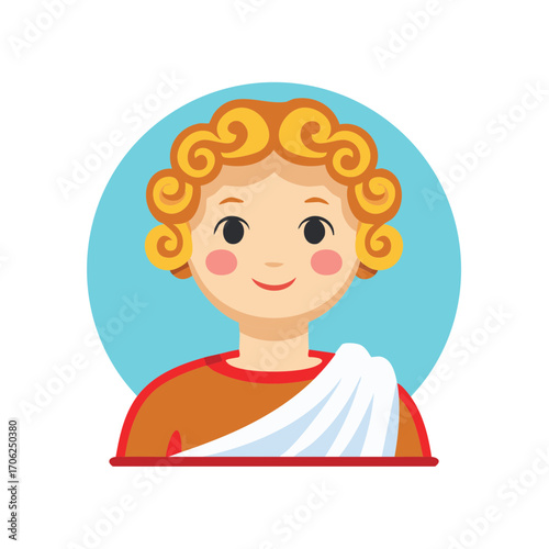 Stylized ancient Greek child portrait with curly blonde hair and toga
