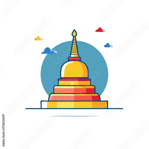 Colorful illustration of a stylized Buddhist temple with vibrant clouds and blue backdrop