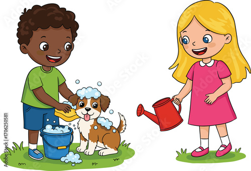 Happy kids washing puppy and playing with water in backyard, cute dog bath scene, fun summer activity cartoon illustration.