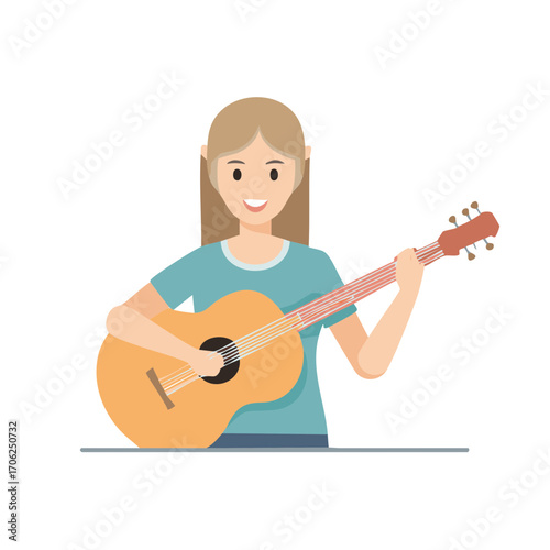 Happy female character playing acoustic guitar musical instrument flat illustration style