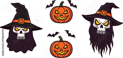 Spooky halloween characters featuring pumpkins bats and witch skeletons art