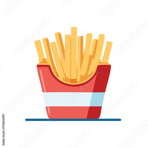 Colorful illustration of a box of french fries in a red paper container