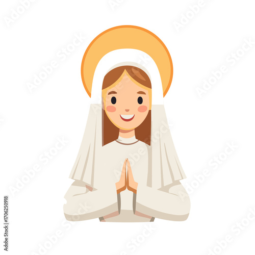 Cartoon illustration of the Virgin Mary praying with a golden halo and smiling