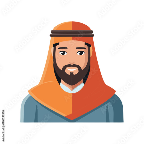 Vector illustration of a smiling Arab man with a beard wearing a traditional keffiyeh headdress