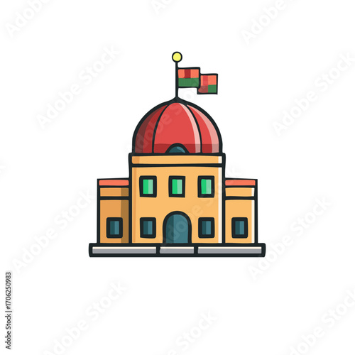 Stylized public building with red dome and flags illustration for civic or educational design