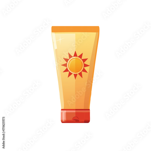 Orange sunscreen tube with sun logo for sun protection and skin care