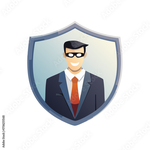 Anonymous masked man in suit and tie protected by shield icon representing security and privacy
