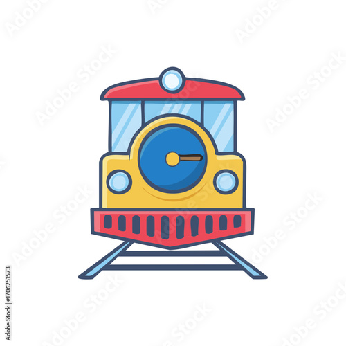 Cute Cartoon Train Locomotive on Tracks Front View