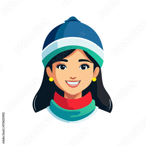 Smiling cartoon woman with long black hair wearing a winter hat and scarf portrait