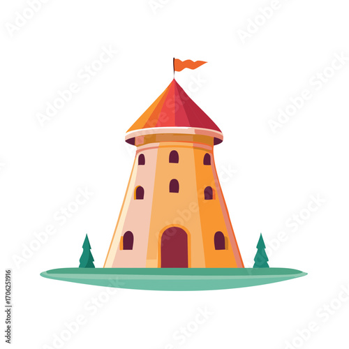 Vibrant cartoon fairytale tower with a bright orange conical roof and waving flag on a green landscape