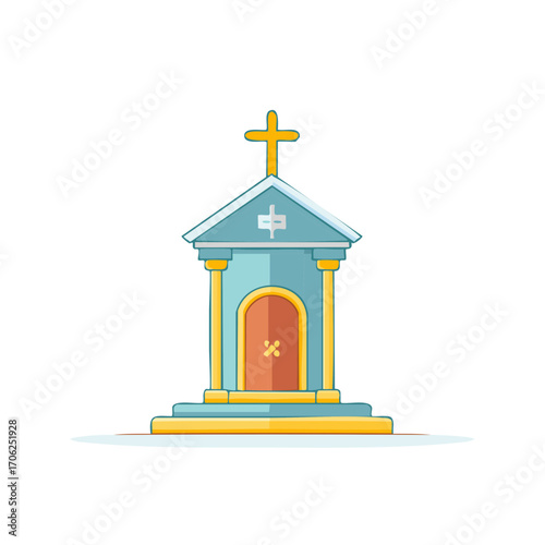 Simple cartoon building with arched doorway and cross on roof in blue and yellow