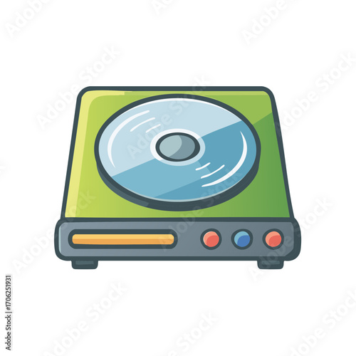 Cute cartoon illustration of a portable CD player with a shiny disc
