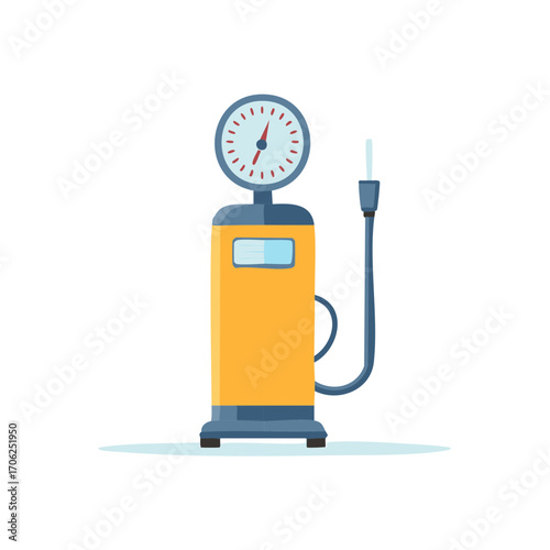 Classic yellow gas pump vector art with gauge and nozzle representing energy supply and fuel
