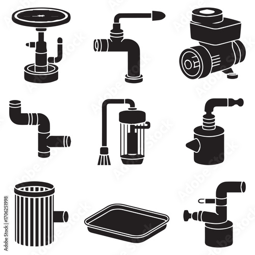 Collection of nine black and white silhouette icons representing various plumbing and water system components and equipment