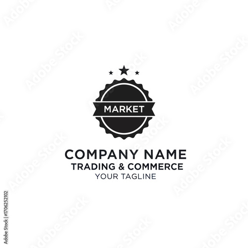 Simple, black and white logo design for a trading company, featuring a market badge.