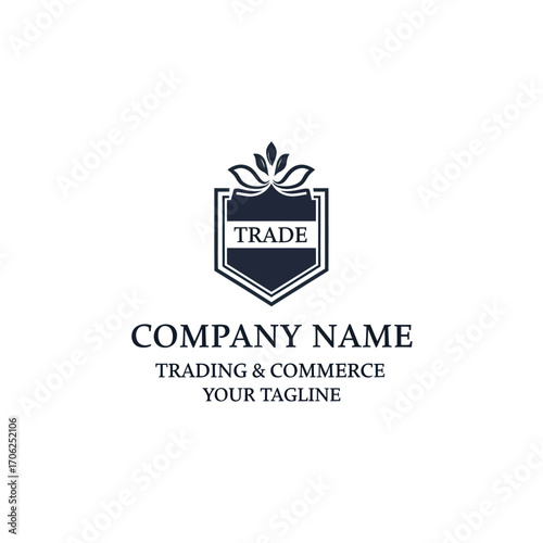 Elegant logo design for a trading and commerce company, featuring a shield-shaped emblem with stylized leaves and the word "TRADE".