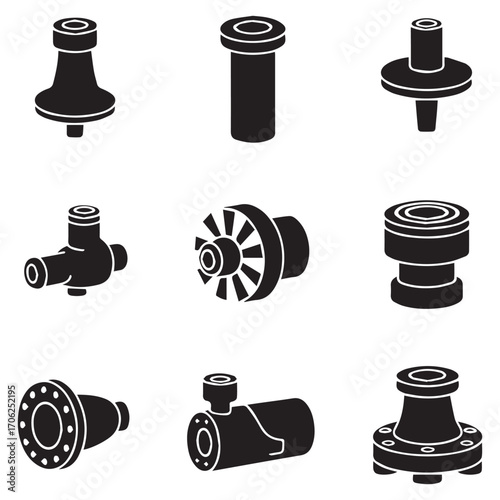 Collection of nine black industrial pump and valve components and mechanical parts rendered as silhouettes on a white background