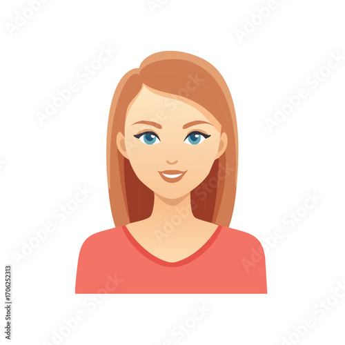 Vector illustration portrait of a young woman with ginger hair, wearing a pink top, and smiling gently at the viewer
