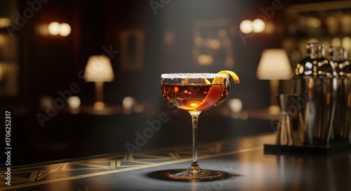 Classic Sidecar cocktail with a sugar rim and orange garnish in a luxury art deco style bar