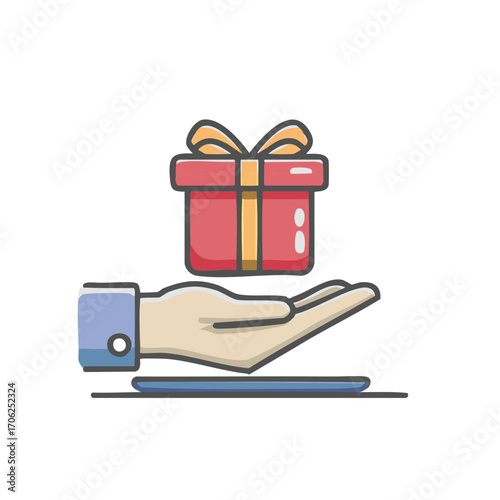 Illustrated hand presents wrapped gift box. Giving, offering and receiving gifts concept for holidays celebration.