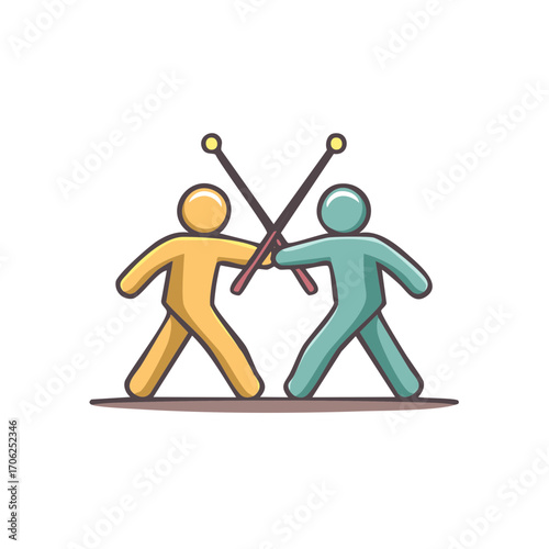 Two colorful figures fighting with sticks, cartoon illustration